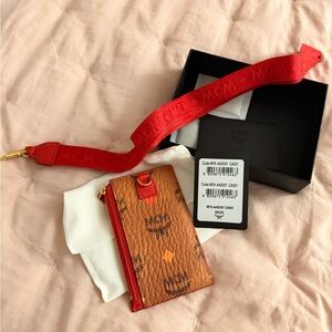 MCM Brown Visetos Card Holder with Red Strap